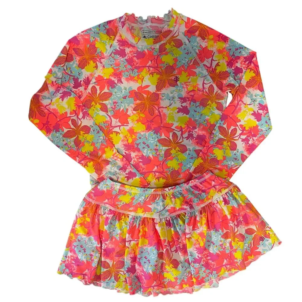 Coolibar Girls orange pink floral skirt and long sleeve set size large